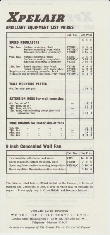 Xpelair price list March 1962